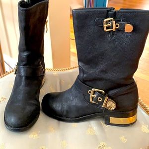 Vince Camuto black Moto boots with gold buckles